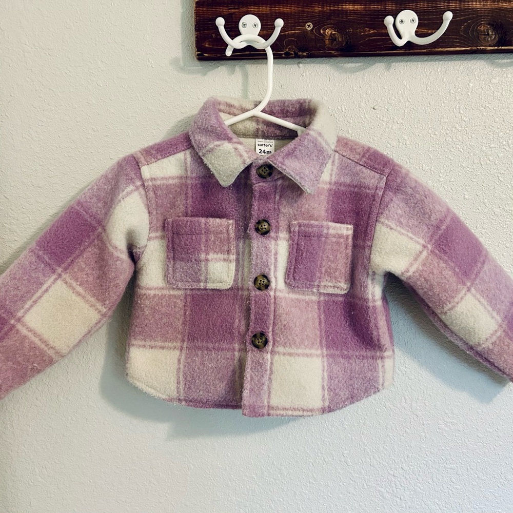 Carter’s Girls Purple Plaid Fleece Shacket Size 24M